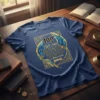 Christian t-shirt with the quote "joy gladness not based on circumstance 1 Peter 1:8-9" surrounded by blue and gold wings