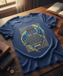 Christian t-shirt with the quote "joy gladness not based on circumstance 1 Peter 1:8-9" surrounded by blue and gold wings