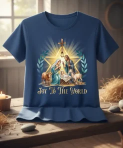 Nativity scene with Mary, Joseph, and baby Jesus, featuring the text "Joy To The World" on a blue t-shirt