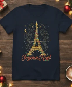 Joyeux Noël t-shirt design with a gold Eiffel Tower decorated with colorful Christmas lights and festive swirls