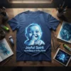 Joyful Spirit Innocence in Every Smile t-shirt design featuring a glowing baby face and text on a navy blue shirt
