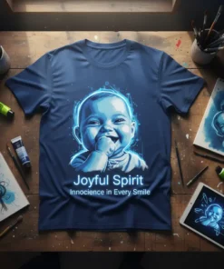 Joyful Spirit Innocence in Every Smile t-shirt design featuring a glowing baby face and text on a navy blue shirt