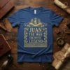 Juan. The Man. The Myth. Legend. text design with crown and lion graphic on a blue t-shirt