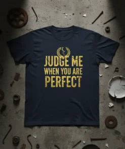 Navy t-shirt with gold glitter text "JUDGE ME WHEN YOU ARE PERFECT" and a laurel wreath graphic above the text