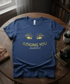 Navy blue t-shirt with golden text "JUDGING YOU SILENTLY." and golden cat eyes graphic