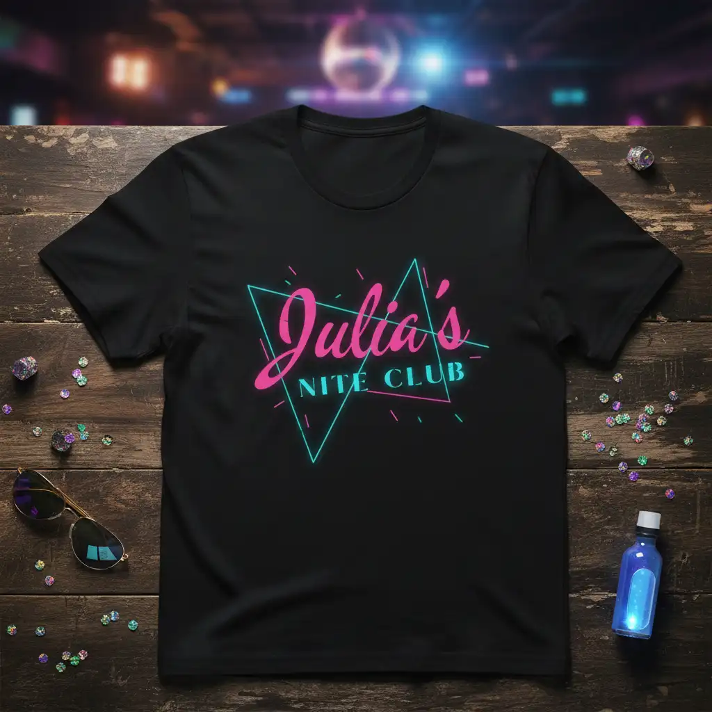 Julia's NITE CLUB retro neon graphic t-shirt with 80s 90s club style