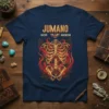Jumano Native American text and skeleton graphic with flames and eagle on a navy blue t-shirt
