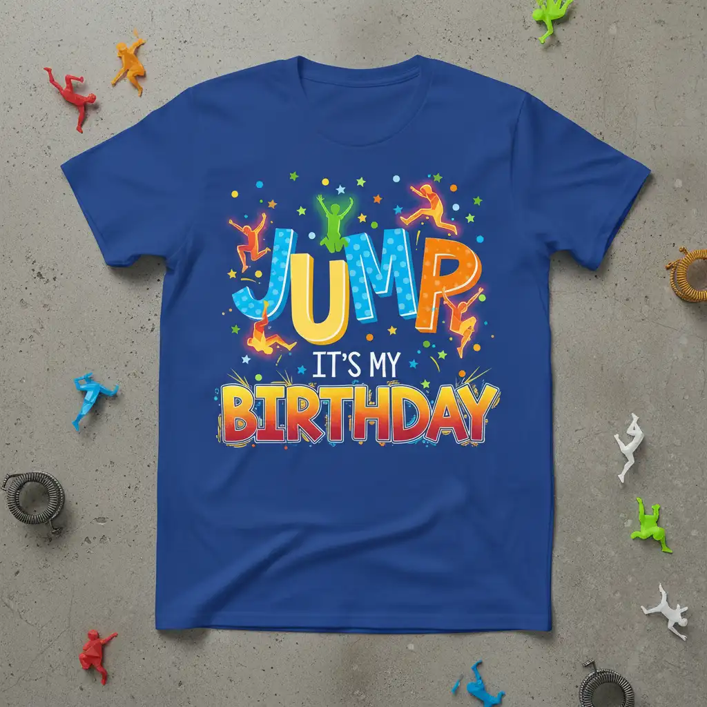 Jump It's My Birthday text graphic with energetic jumping figures and colorful stars on a royal blue shirt