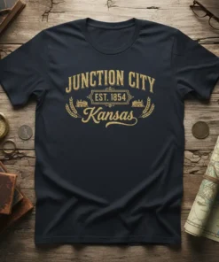 Junction City Kansas Est 1854 vintage design on navy blue t-shirt, featuring distressed golden text and train graphics