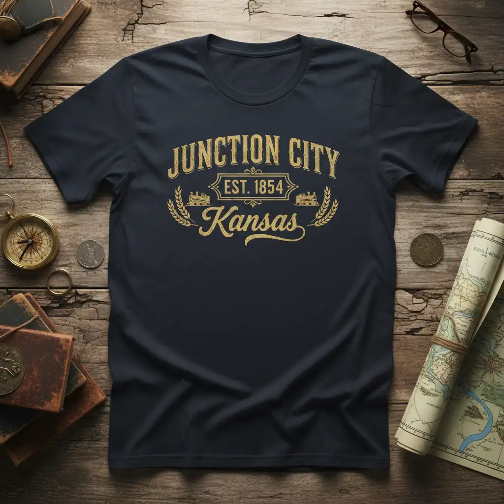 Junction City Kansas Est 1854 vintage design with distressed golden text and train graphics on a dark t-shirt
