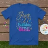 June 27th Birthday Girl t-shirt with glitter gold text and ombre blue-pink text for 'Birthday Girl'