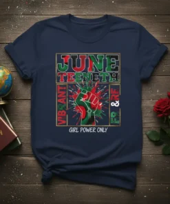 June Teeneth Vibrant Fr & Re Girl Power Only t-shirt design featuring a raised fist in red, green, and black