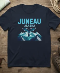Juneau Alaska Whale Tail Mountains T-Shirt design featuring blue text and a stylized whale tail above mountain peaks