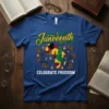 Blue t-shirt with "Juneeteenth CELEBRATE FREEDOM" text, Africa map graphic, chains breaking, and flames