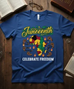 Blue t-shirt with "Juneeteenth CELEBRATE FREEDOM" text, Africa map graphic, chains breaking, and flames