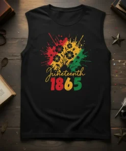 Juneteenth 1865 design with red, yellow, and green paint splatters and floral elements on a black t-shirt