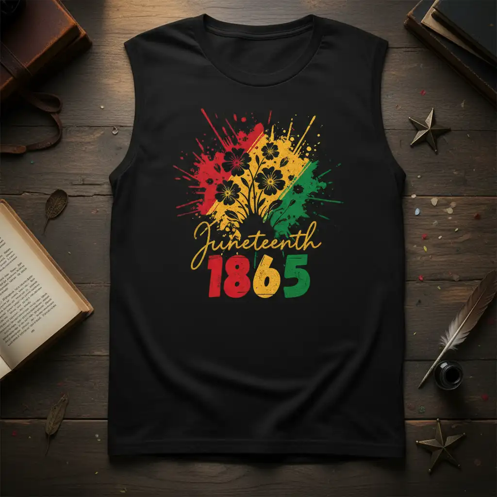 Juneteenth 1865 bold text with colorful paint splatters and floral graphic on a black sleeveless shirt