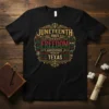 Juneteenth 1865 Freedom Ancestors Black Texas design on a black t-shirt with ornate gold border