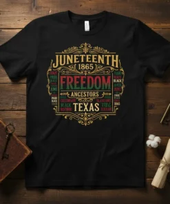 Juneteenth 1865 Freedom Ancestors Black Texas design on a black t-shirt with ornate gold border