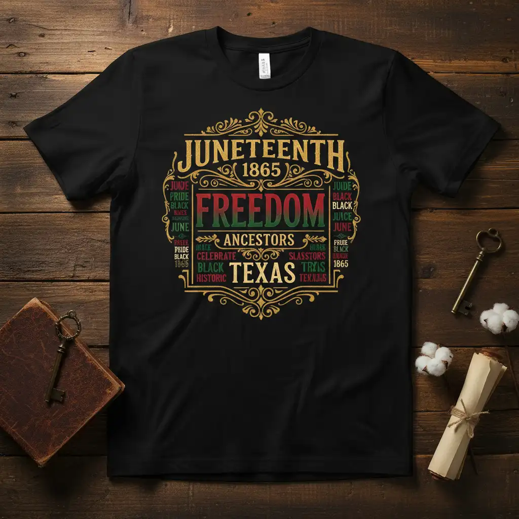 Juneteenth 1865 Freedom Ancestors Black Texas text design with red, green, and gold accents on a black t-shirt