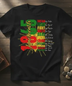 Juneteenth 1865 T-Shirt design with bold text DREAM LEAD FIGHT WRITE DARE SPEAK THINK BELIEVE RECLAIM EDUCATE CHALLENGE like Icons