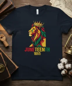 Juneteenth 1865 t-shirt with a crowned lion in red, yellow, and green colors, honoring Black history and freedom