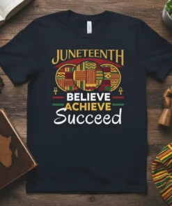Juneteenth Believe Achieve Succeed text design with African Kente patterns and symbols on a black t-shirt
