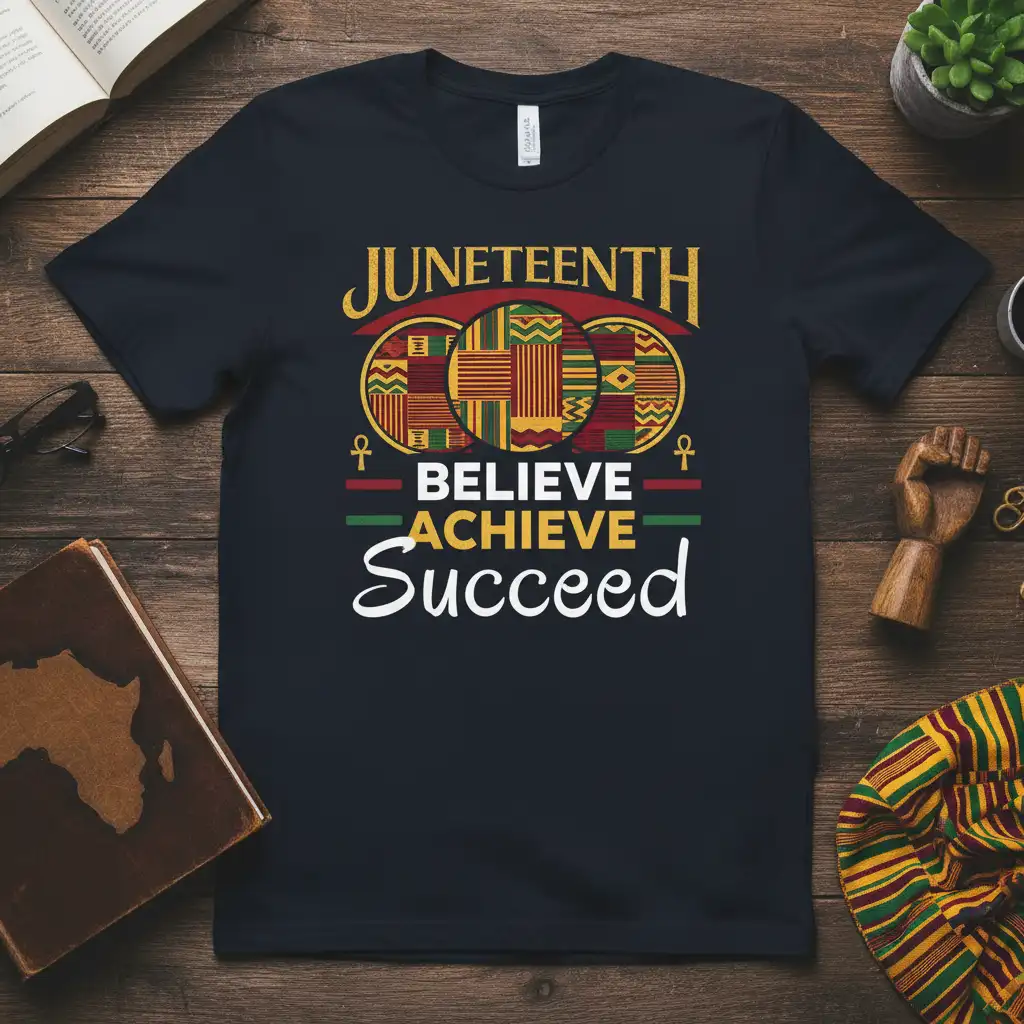 Juneteenth Believe Achieve Succeed quote design with Kente patterns and African symbols on a black tee