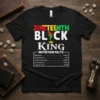 Black Juneteenth Black King Nutrition Facts t-shirt design with percentages for Melanin, Consciousness, Intelligence, and Leadership