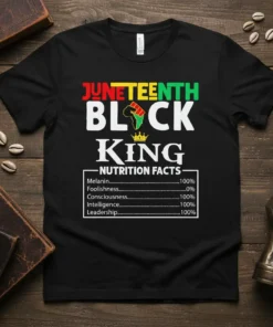 Black Juneteenth Black King Nutrition Facts t-shirt design with percentages for Melanin, Consciousness, Intelligence, and Leadership