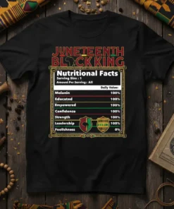 Juneteenth Black King nutritional facts t-shirt design with text listing Melanin, Educated, Empowered, Confidence, Strength, Leadership, and Foolishness