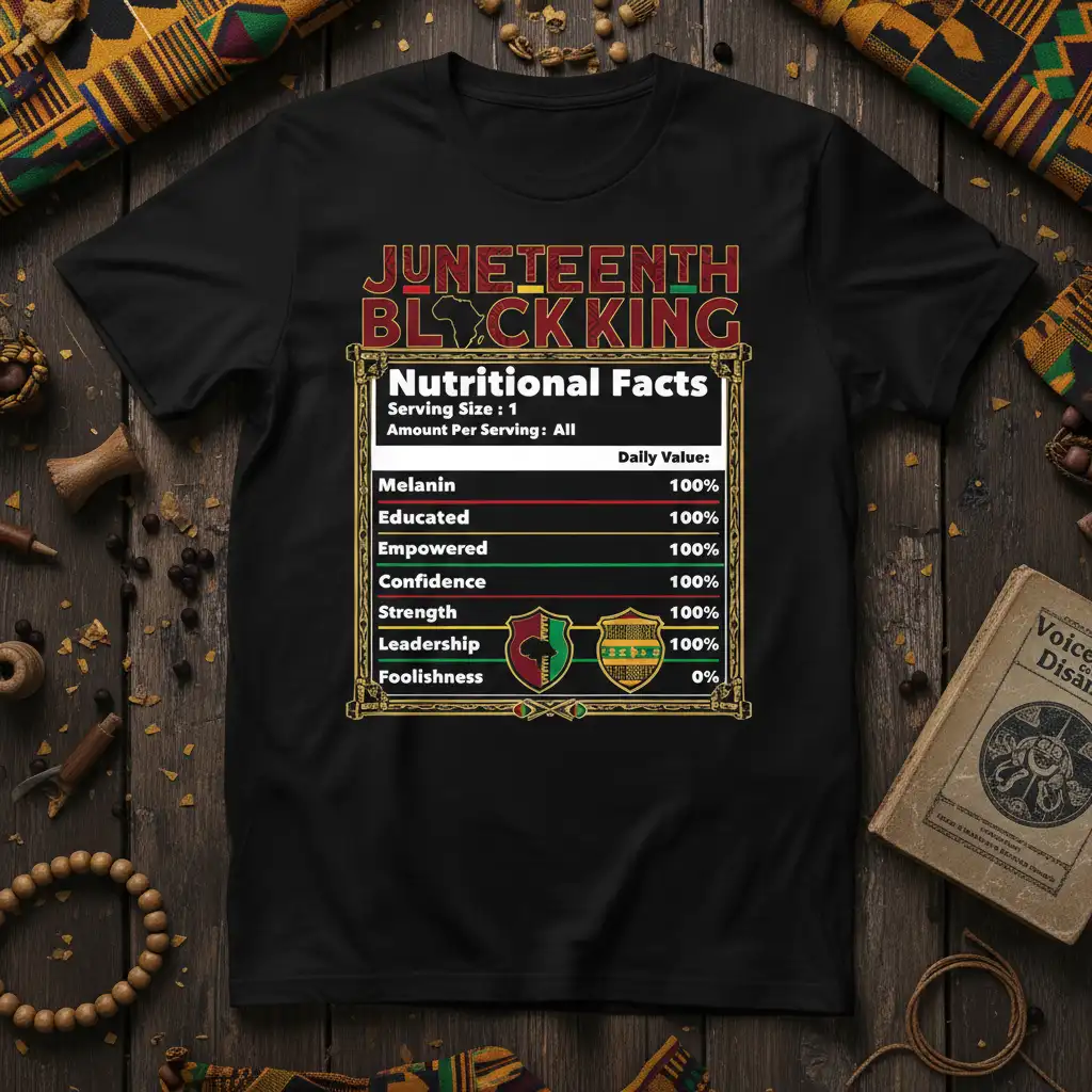 Juneteenth Black King nutritional facts design listing Melanin, Educated, Empowered, Confidence, Strength, Leadership, and Foolishness with percentages