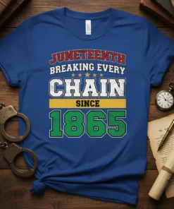 Juneteenth Breaking Every Chain Since 1865 t-shirt with bold red and white text and green numbers