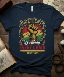 Juneteenth Breaking EVERY CHAIN SINCE 1865 t-shirt with raised fist and chain graphic, featuring Pan-African colors