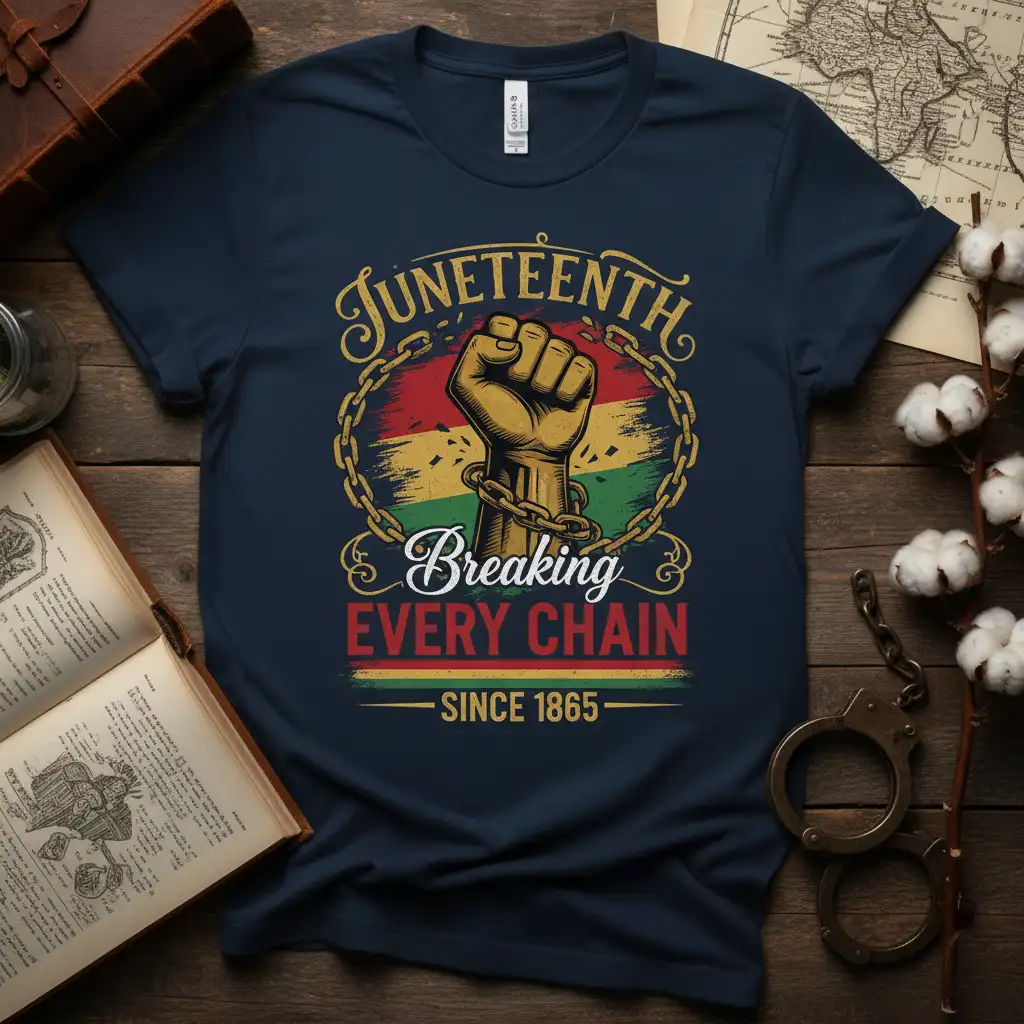 Juneteenth Breaking EVERY CHAIN SINCE 1865 t-shirt design with raised fist and breaking chains graphic