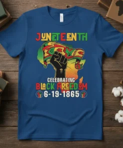 Juneteenth t-shirt with text "JUNETEENTH CELEBRATING BLACK FREEDOM 6-19-1865" and a raised fist holding a flag over an African map