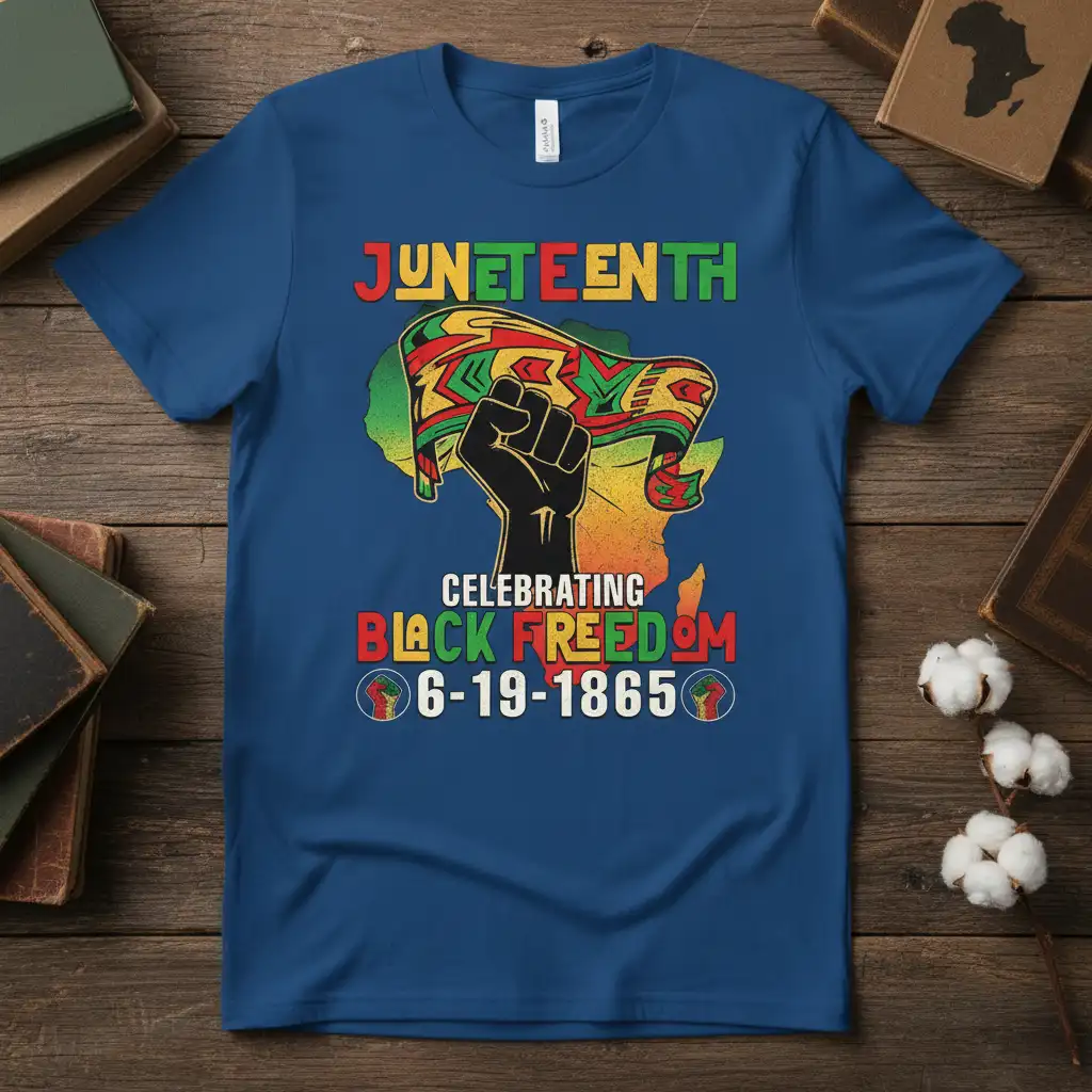 Juneteenth celebration t-shirt design featuring the text JUNETEENTH CELEBRATING BLACK FREEDOM 6-19-1865 and a raised fist