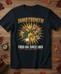 Juneteenth Free-ish Since 1865 t-shirt with graphic of broken chains and colorful fists