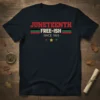 Juneteenth Free-ish Since 1865 text design with Pan-African flag colors and stars on a navy t-shirt