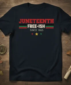 Juneteenth Free-ish Since 1865 text design with Pan-African flag colors and stars on a navy t-shirt
