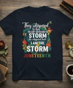 Juneteenth t-shirt with quote "They whispered to her YOU CAN'T WITHSTAND THE STORM she whispered back I AM THE STORM"