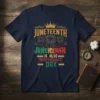 Juneteenth Is Also Independence Day t-shirt with vibrant text and fireworks graphic, celebrating African American heritage