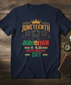 Juneteenth Is Also Independence Day t-shirt with vibrant text and fireworks graphic, celebrating African American heritage