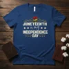 Juneteenth is my Independence Day text with a raised fist graphic on a navy blue t-shirt