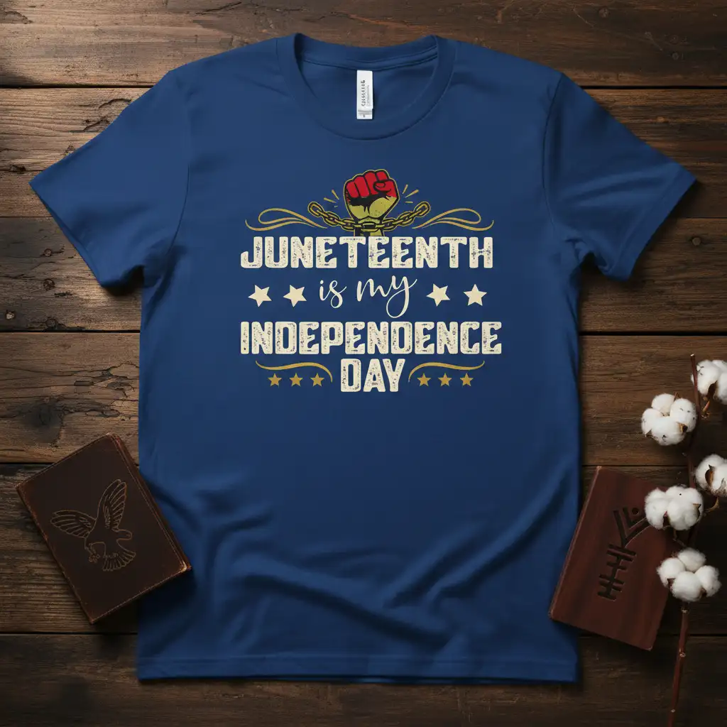 Juneteenth is my Independence Day quote in bold font with a raised fist graphic on a dark blue t-shirt