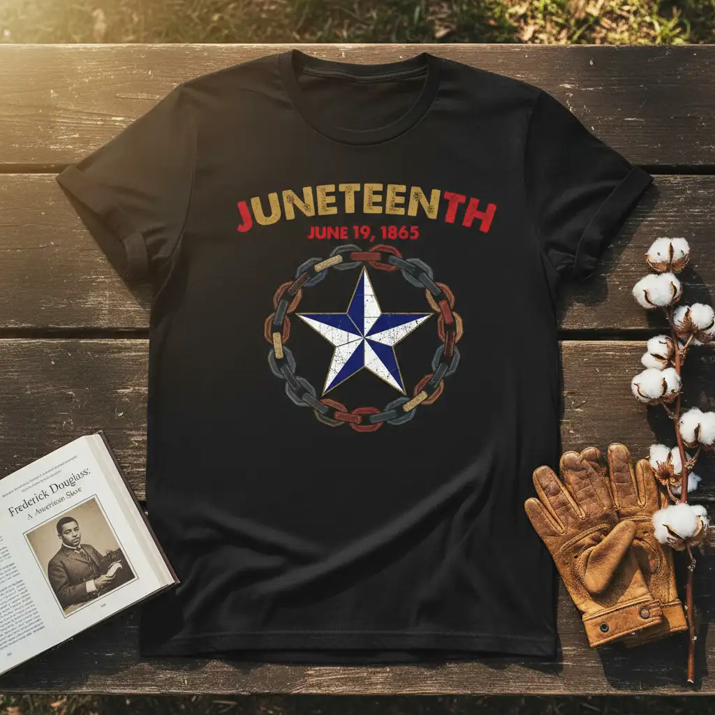Juneteenth June 19 1865 graphic tee with star and broken chain design