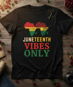 Juneteenth Vibes Only t-shirt with map of Africa and Pan-African flag colors, celebrating freedom day
