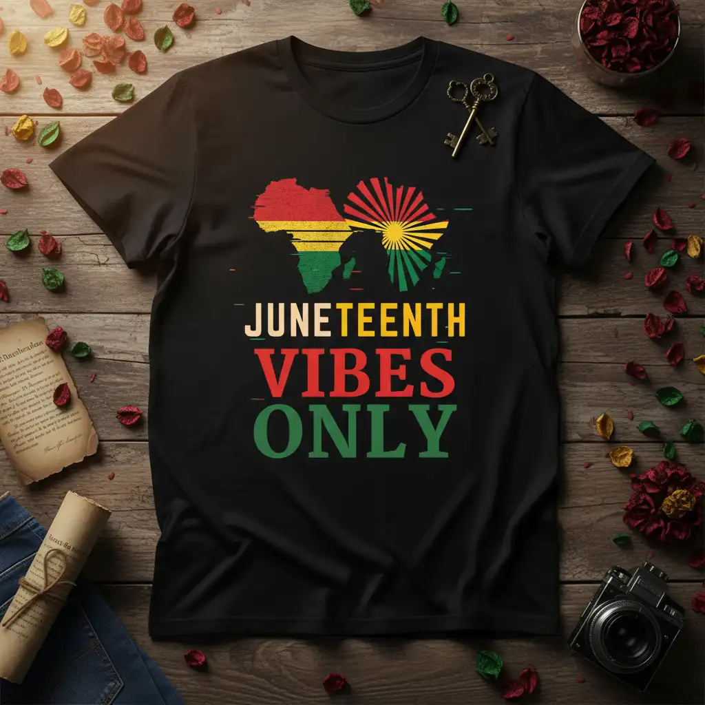 Juneteenth Vibes Only text design with African map and Pan-African flag colors, celebrating freedom day pride