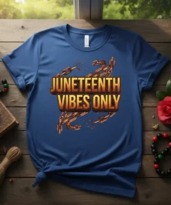 Juneteenth Vibes Only t-shirt with a broken chain graphic, celebrating freedom and heritage