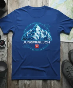 JungfrauJoch t-shirt design with stylized mountain and Swiss flag, perfect for Switzerland travel and alpine adventures